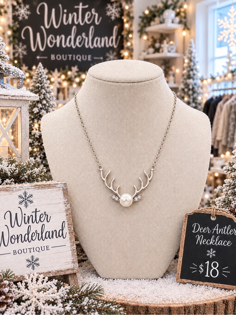 Silver Deer Antler Necklace with Pearl Accent